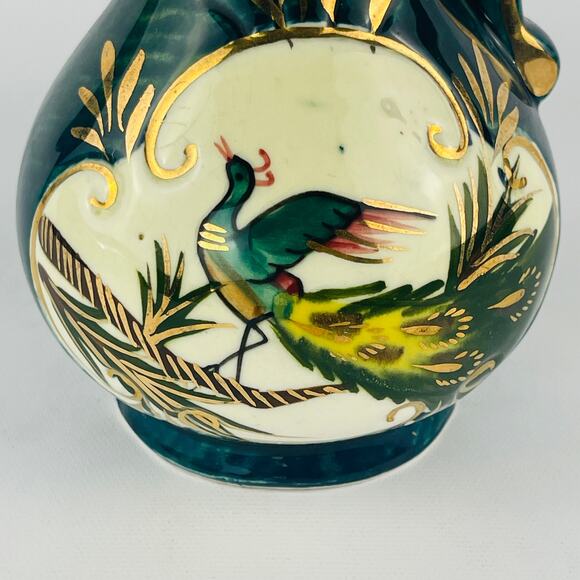 Hand Painted Ceramic Peacock Pitcher Gold Trim 7 1/8” - Picture 2 of 9